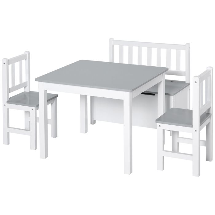 Modern Design 4 Piece Kids Table Set with 2 Wooden Chairs, 1 Storage Bench - Grey with White