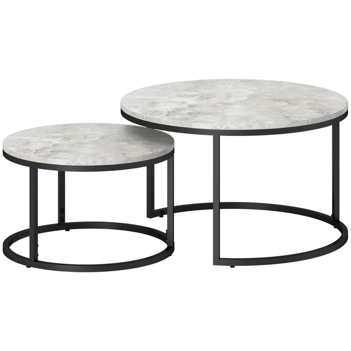 2 Pcs Stacking Coffee Table Set w/ Steel Frame Marble-Effect Top Foot Pads Nest of Tables Storage Display Black/Grey
