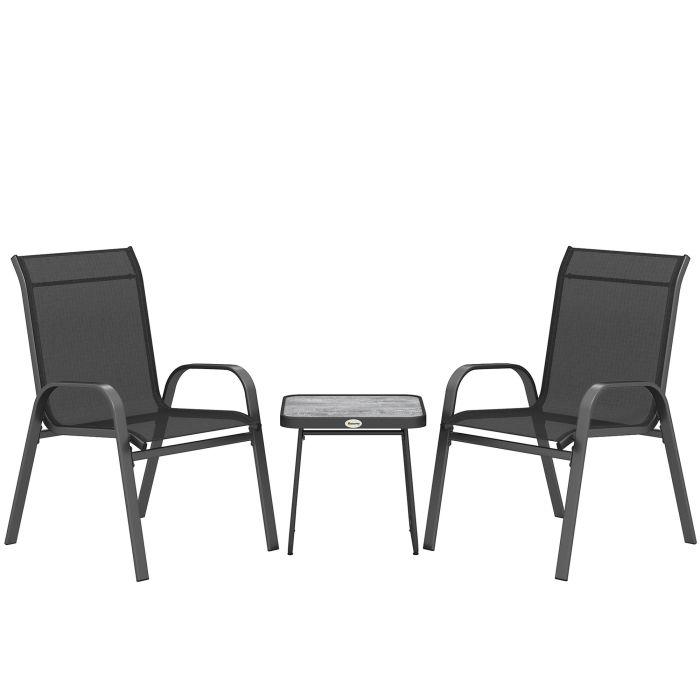 3 Pieces Outdoot Bistro Set, Patio Stackable Armchairs with Breathable Mesh Fabric and PSC Board Coffee Table, Black