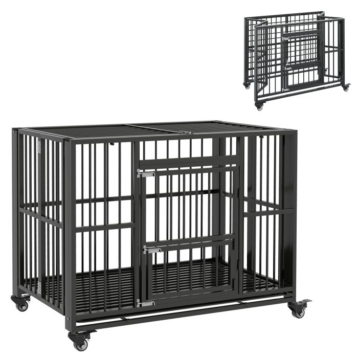 43" Heavy Duty Dog Crate, Foldable Dog Cage, with Openable Top, Locks, Removable Tray, Wheels - Black