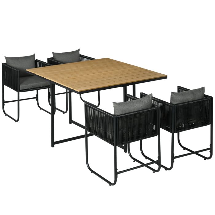 Patio 5 PCs PE Rattan Dining Set, Garden Round Wicker 4-seater Rattan Cube Dining Sets, w/ Wood Grain Plastic Top, Space-saving Design Black