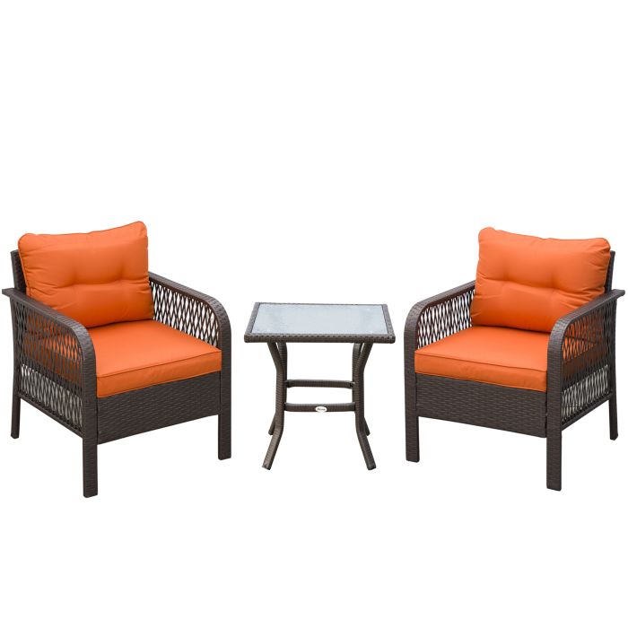 3 Pieces Patio PE Rattan Bistro Set, Outdoor Wicker Coffee Table Armrest Chairs Thick Padded Conversation Furniture for Garden Orange