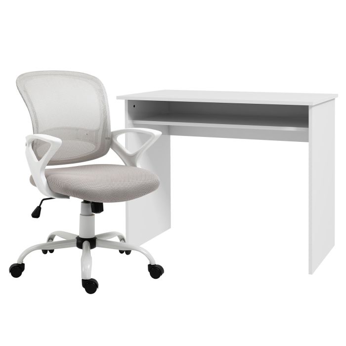 VONSETTA Home Office Chair Computer Desk Set Mesh Swivel Wheels Study Shelf - White Grey