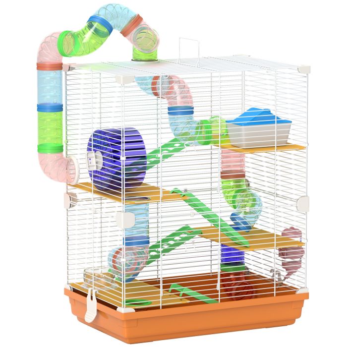 Shelley 5 Tier Hamster Cage Carrier Habitat with Exercise Wheels - Orange and White