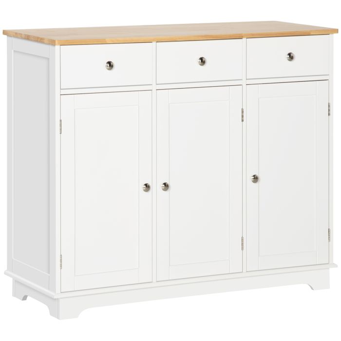Modern Sideboard with Rubberwood Top, Buffet Cabinet with Storage Cabinets, Drawers and Adjustable Shelves for Living Room, Kitchen, White