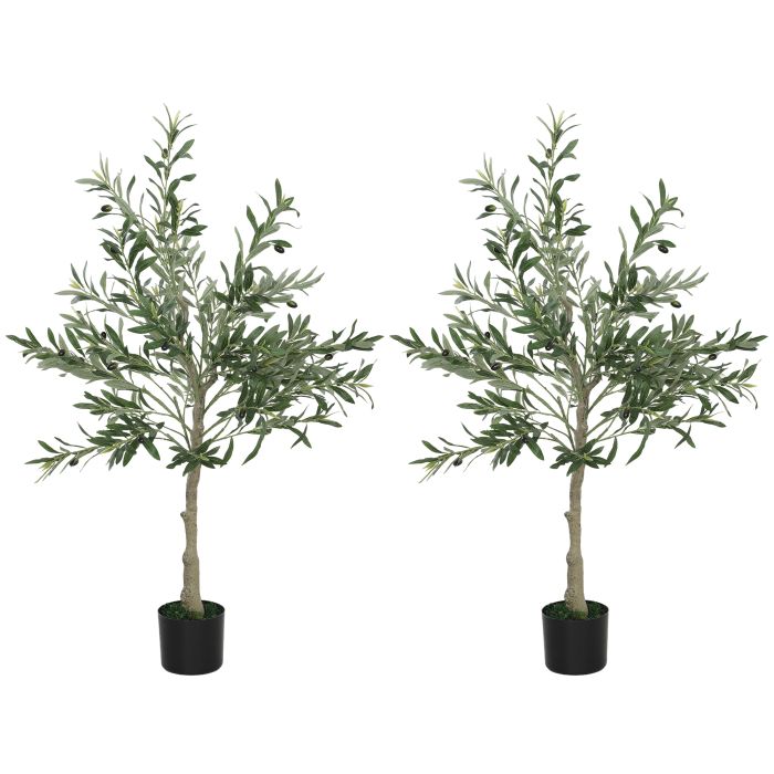 HERON Set of 2 4ft 120cm Decorative Artificial Plant Silk Olive Tree - Green