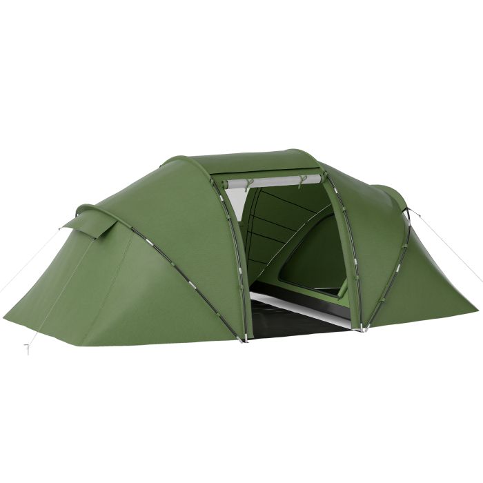 4-6 Man Camping Tent w/ Two Bedroom, Hiking Sun Shelter, UV Protection Tunnel Tent, Dark Green