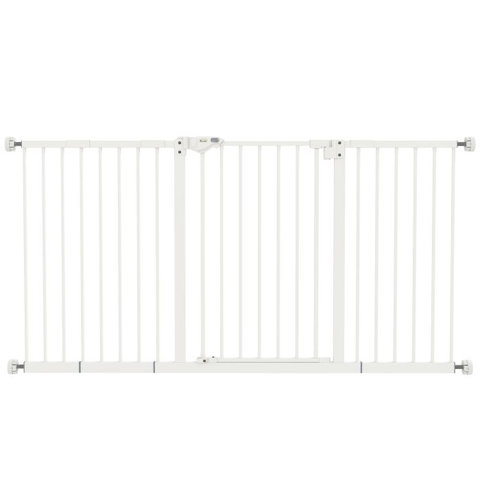 Adjustable Safety Gate Dog Barrier for Doorways, Corridors, Staircases with Three Extensions and Adjustable Screws - White