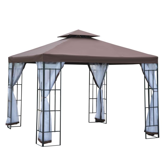3 x 3M Patio Gazebo Canopy Garden Pavilion Tent Shelter with 2 Tier Roof and Mosquito Netting, Steel Frame, Coffee