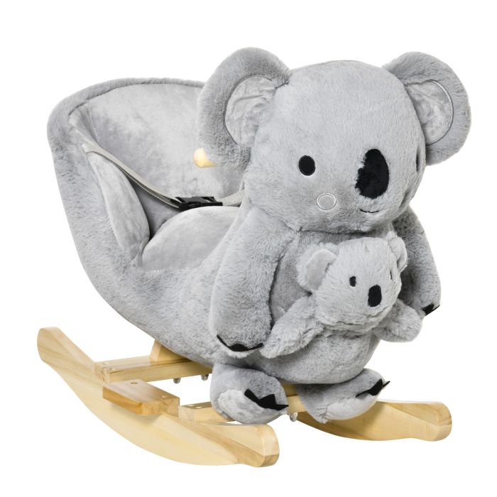 Kids Plush Ride On Rocking Horse Koala Shaped Toy Rocker with Gloved Doll - Grey