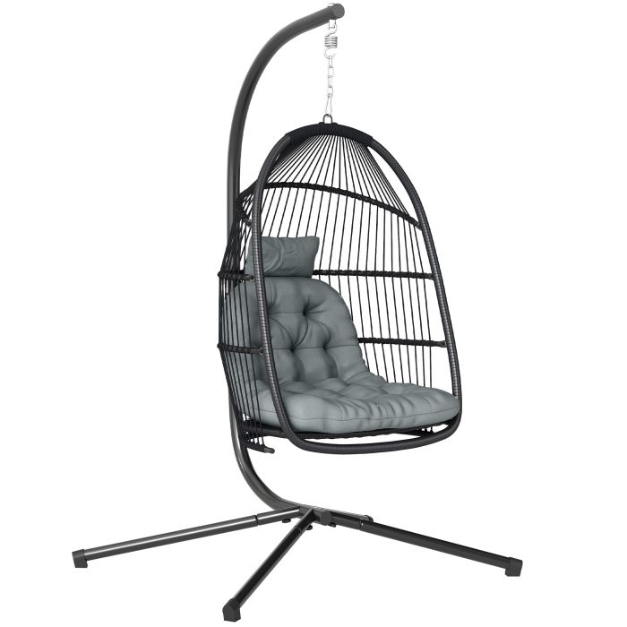 SUNVISTA Rattan Hanging Egg Chair, Foldable Wicker Swing with Cushion, Steel Frame, 150kg Capacity, Dark Grey