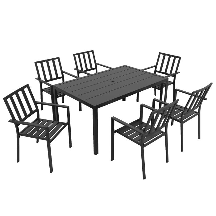 7 Pieces Garden Dining Set, Outdoor Table and 6 Stackable Chairs, Metal Top Table with Umbrella Hole, Black