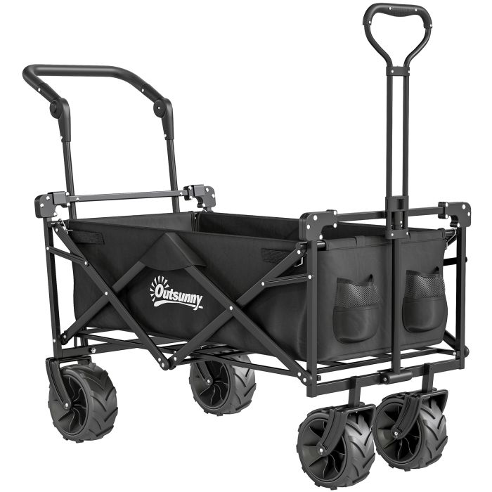 Folding Trolley Cart Storage Wagon Beach Trailer 4 Wheels with Handle Overhead Canopy Cart Push Pull for Camping, Black