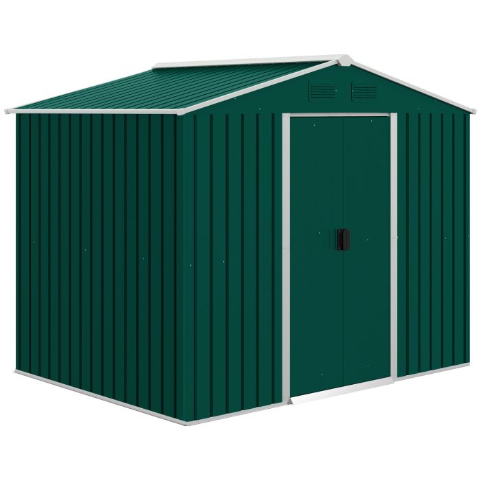 8 x 6 ft Metal Garden Storage Shed Corrugated Steel Roofed Tool Box with Ventilation and Sliding Doors, Green