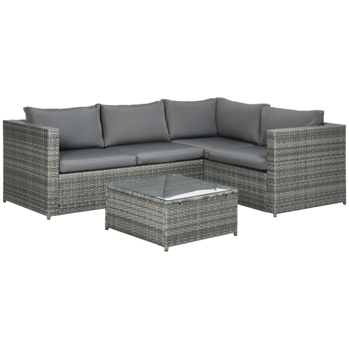 3 Pieces Rattan Garden Furniture 4 Seater Outdoor Patio Corner Sofa Chair Set with Coffee Table Thick Cushions Grey
