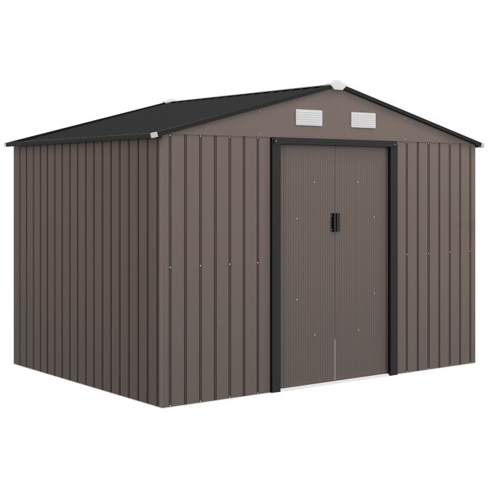9 x 6FT Garden Metal Storage Shed Outdoor Storage Shed with Foundation Ventilation & Doors, Brown