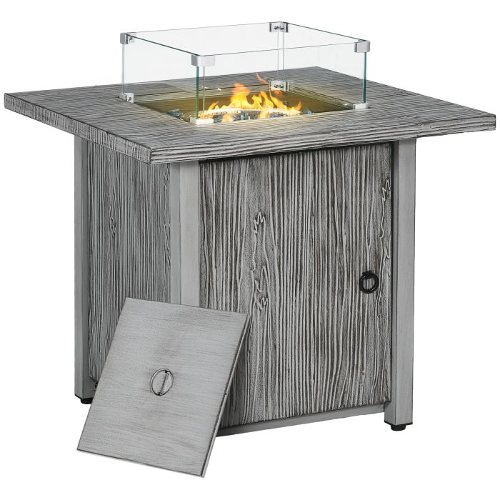 40,000 BTU Gas Fire Pit Table with Cover, Glass Screen and Glass Beads, Grey