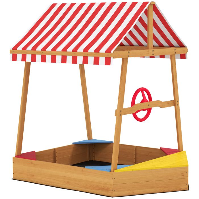 AIVAGO Wooden Kids Sandpit Boat Style with Canopy, 4 Seats, Rudder, Bottom Liner, for Children 3-8 Years, Yellow
