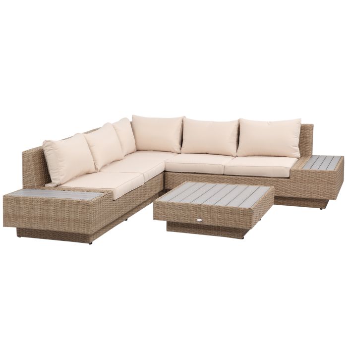 4 PCs Rattan Garden Furniture Outdoor Sectional Corner Sofa and Coffee Table Set Conservatory Wicker Weave with Armrest Cushions Beige