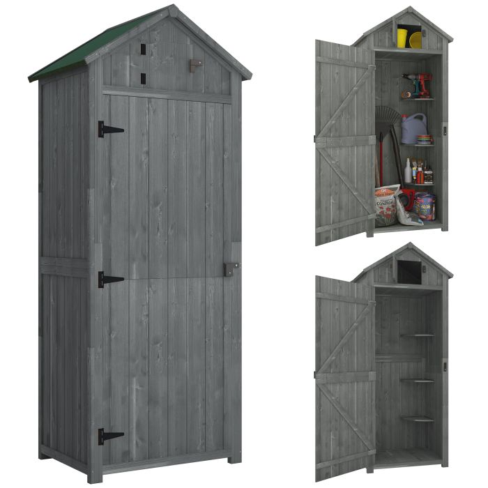 Garden Shed Vertical Utility 3 Shelves Shed Wood Outdoor Garden Tool Storage Unit Storage Cabinet, 77 x 54.2 x 179cm - Grey
