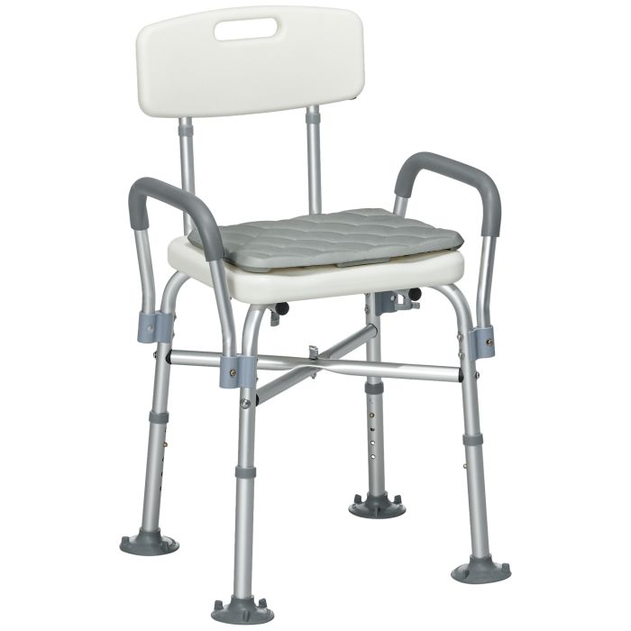 Aluminium Shower Chair with Backs and Arms, Height Adjustable Shower Seat w/ Removable Padded Cushion, Bath Stool, White