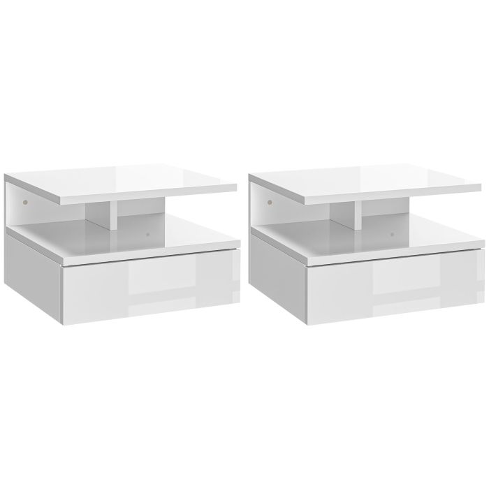 HERON Set of Two Floating High Gloss Bedside Tables - White