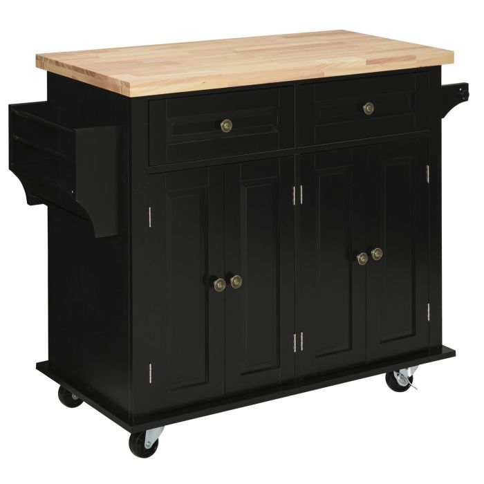 HERON Rolling Kitchen Island Storage Trolley with Rubber Wood Top & Drawers for Dining Room, Black