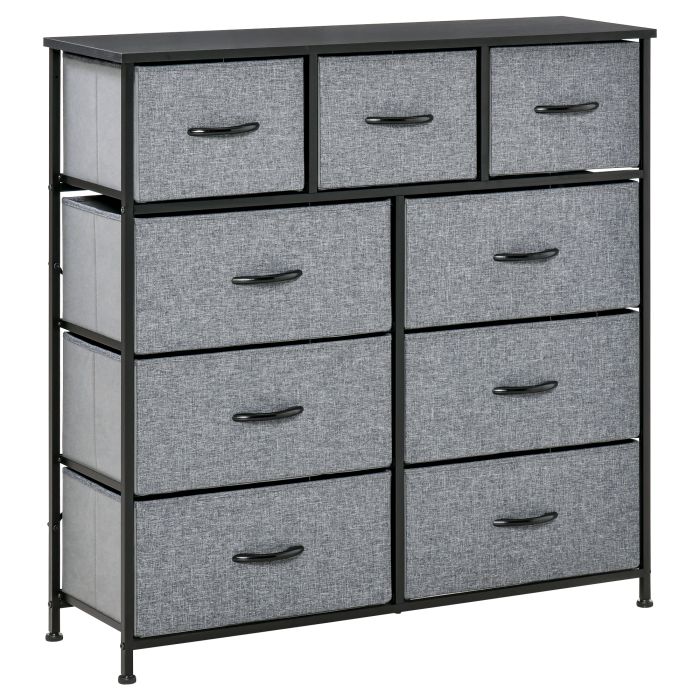 JAPRIS Grey Chest of Drawers - Medium-sized, 9 Drawers, Double - Black Frame with Black Top