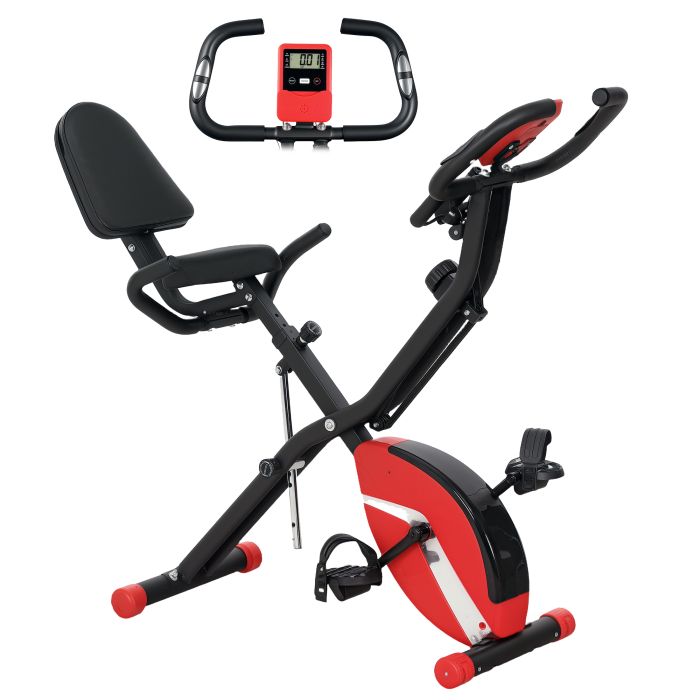 SPORTEDGE 5-In-1 Folding Exercise Bike with Arm Workout Bands, Quiet 8-Level Magnetic Resistance Foldable Exercise Bike with LCD, Red
