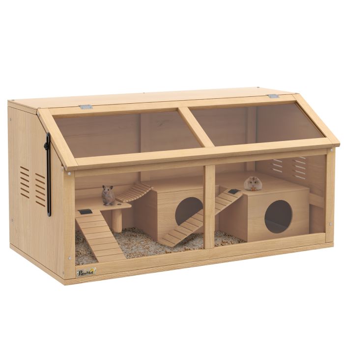 Animal Cage - Pawzy Wooden Hamster Cage with Bridge 85cm Natural 85cm