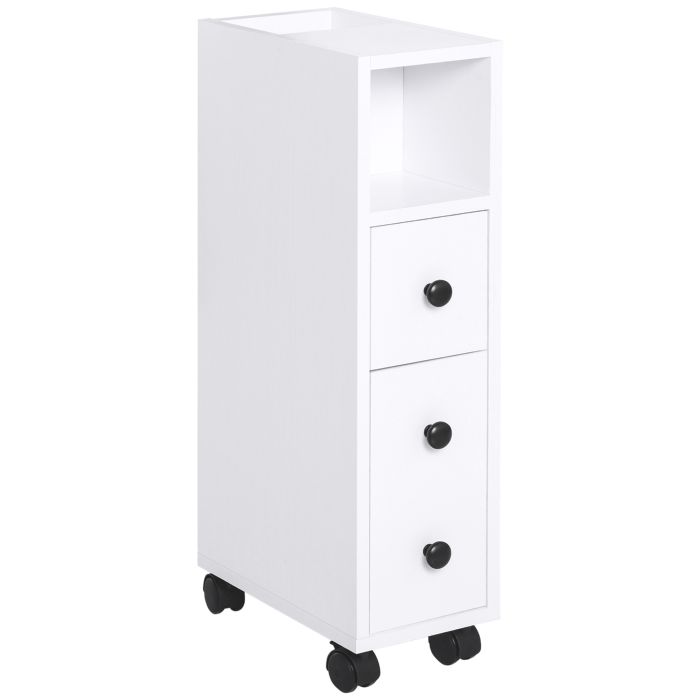 Slimline Bathroom Storage Unit w/ 2 Drawers 2 Open Compartments Wheels Handles Freestanding Compact Home Office Furniture White