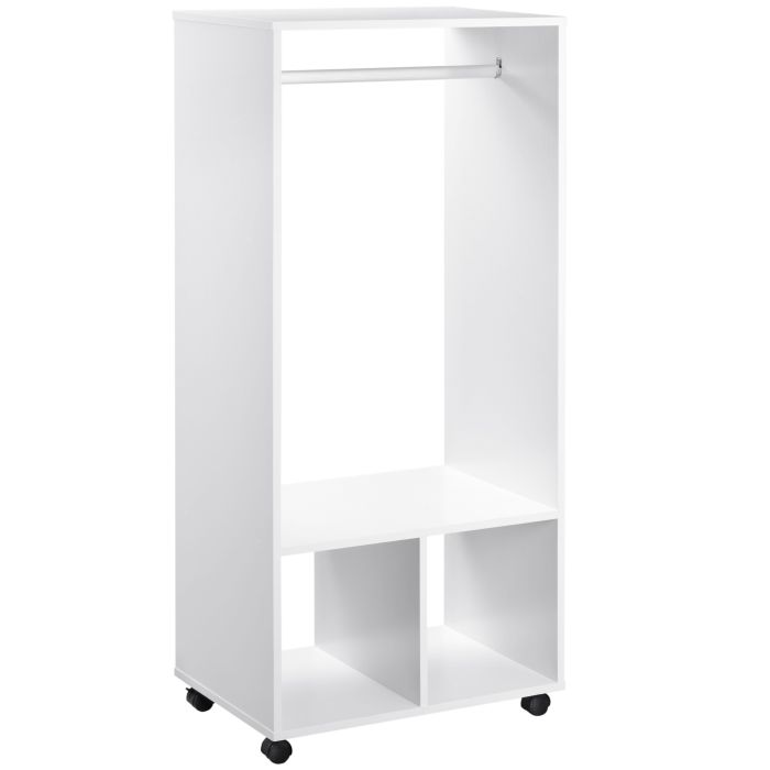 Open Wardrobe with Hanging Rod and Storage Shelves Mobile Garment Rack on Wheels - White