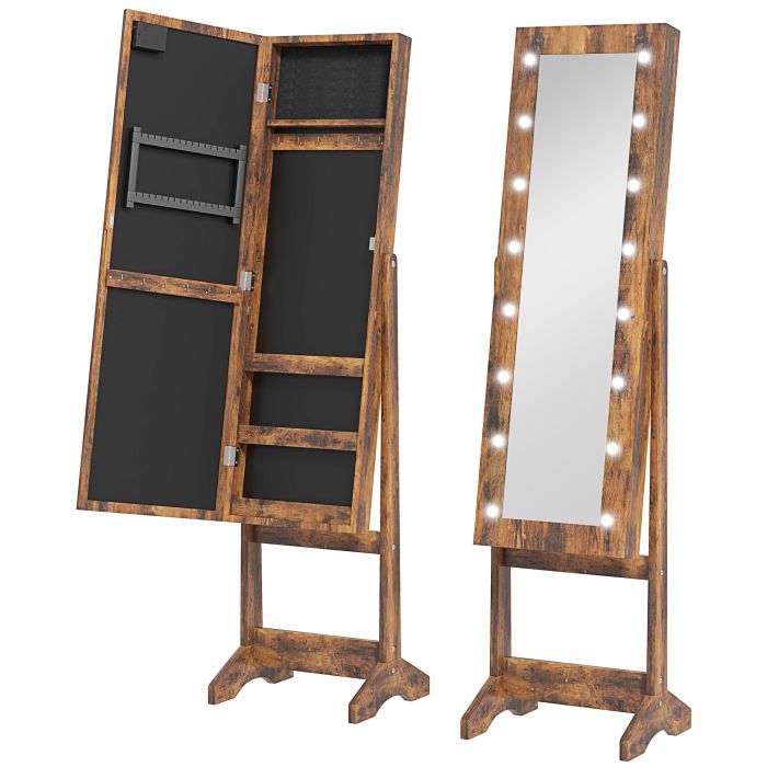 HERON Freestanding Mirror Jewelry Cabinet LED Lights Jewellery Organiser - Rustic Brown