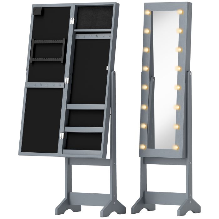 HERON Freestanding Mirror Jewelry Cabinet LED Lights Jewellery Organiser - Grey