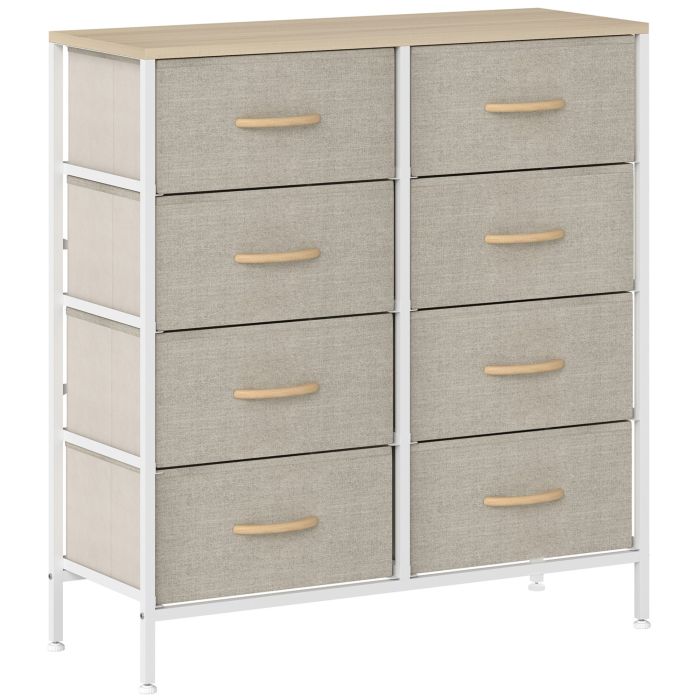 JAPRIS Grey Chest of Drawers - Medium-sized, 8 Drawers, Double, Fabric Drawers - White Frame Light Oak Top