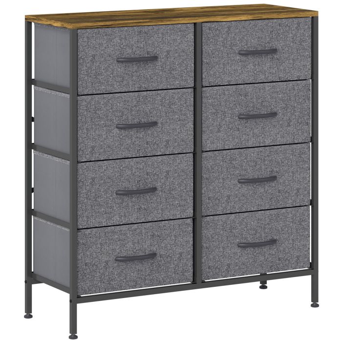 JAPRIS Grey Chest of Drawers - Medium-sized, 8 Drawers, Double, Fabric Drawers - Black Frame Dark Oak Top
