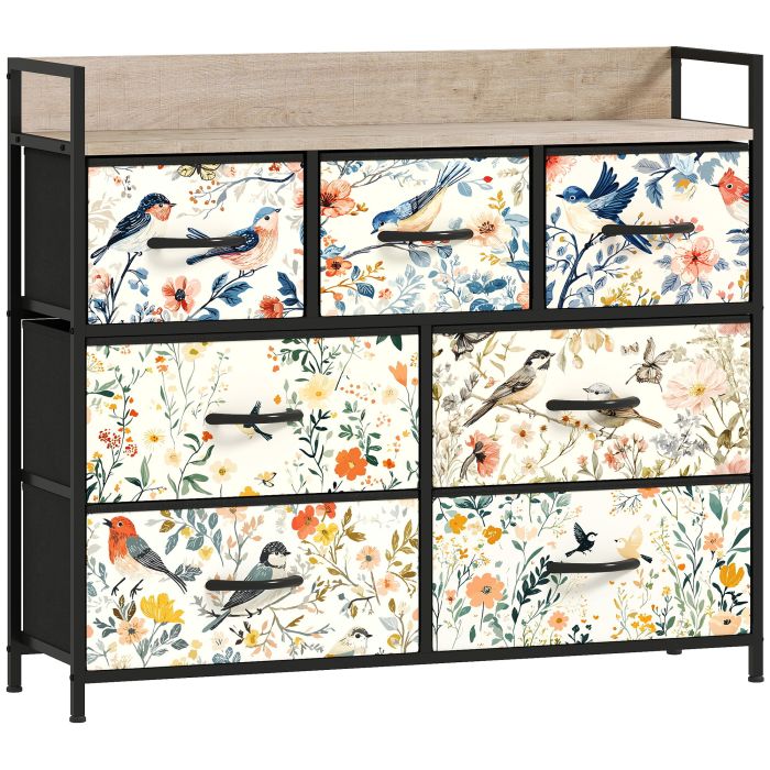 DWELVA Multi Colour Chest of Drawers - Medium-sized, 7 Drawers, Fabric Drawers - Bird Print