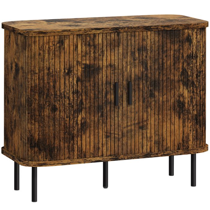 HERON Mid Century Modern Sideboard Slatted Tambour Sliding Doors Steel Legs - Rustic Brown