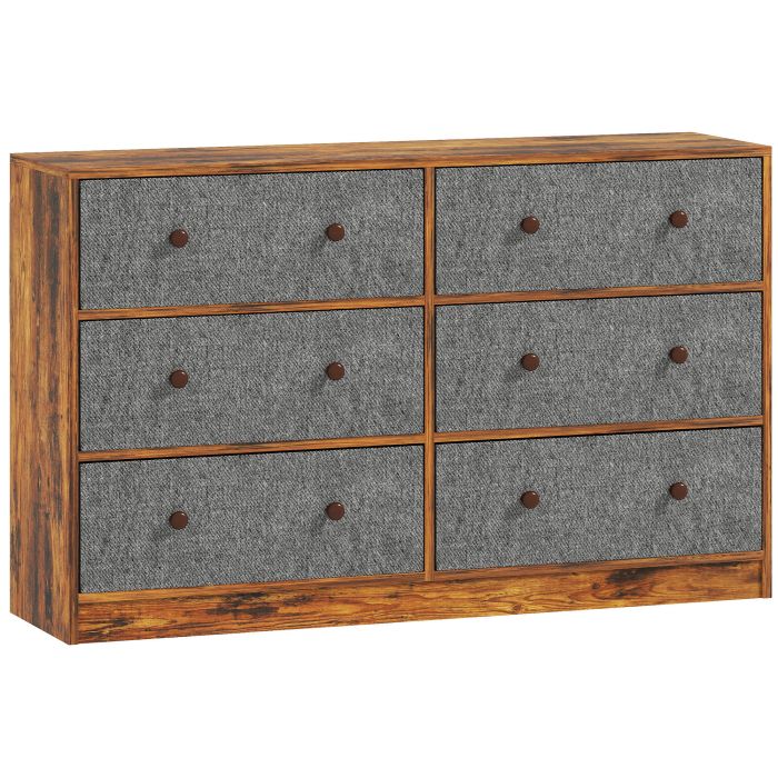 OAKEN Oak Finish Chest of Drawers - Large-sized, 6 Drawers, Double, Fabric Drawers