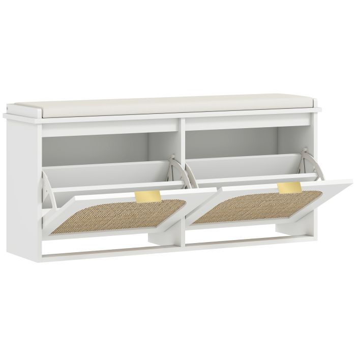 KICKSY Rattan Shoe Bench Padded Seat 2 Flip Drawers - White