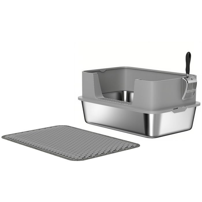 PAWSTER High Sided Stainless Steel Litter Box Metal Tray Scoop Litter Mat - Grey