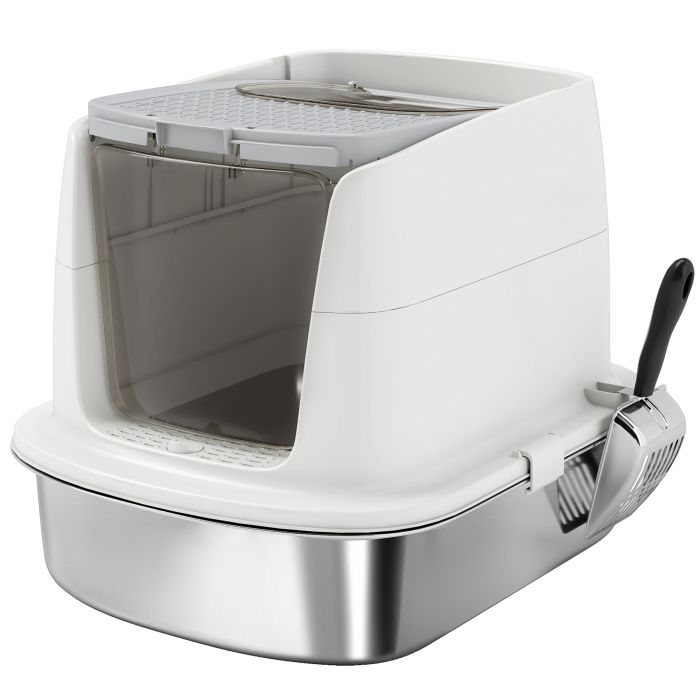 PAWSTER Large Stainless Steel Litter Box Enclosed Metal Tray Scoop Deodoriser - White