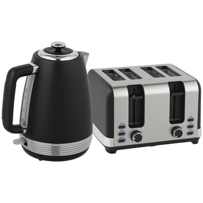 HERON Stainless Steel Kettle Toaster Set 1.7L 3000W Rapid Boil UK Strix - Black Silver