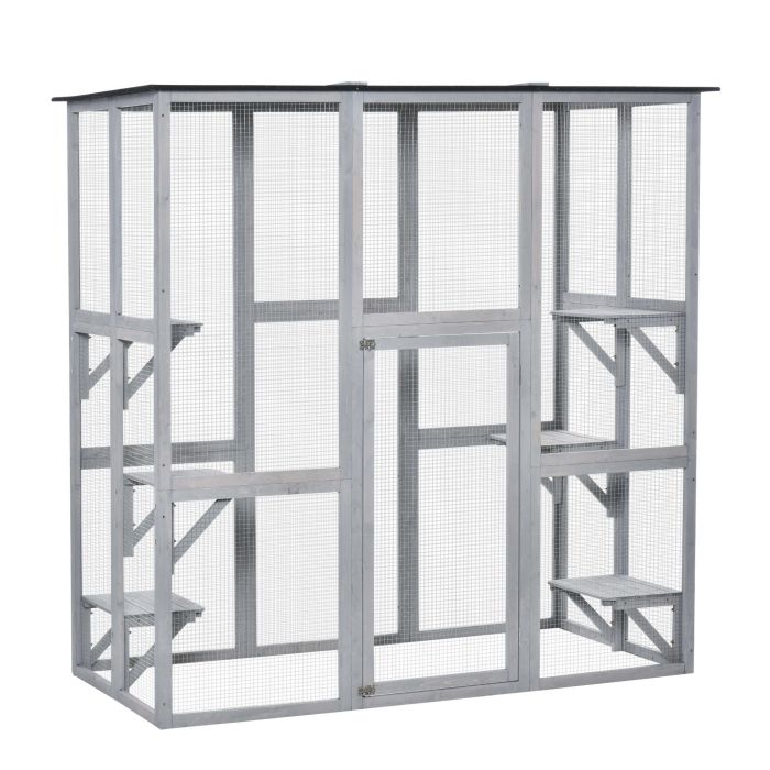 PAWSTER Wooden Catio Cat Outdoor Enclosure Cage Waterproof Roof Platforms - Grey