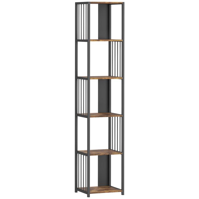 IVREN 5 Tier Bookshelf Wooden with Steel Frame - Rustic Brown
