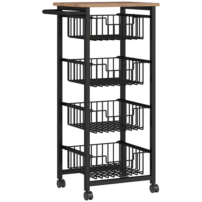 ESHRALLE Mobile Kitchen Island Trolley with 4 Baskets and Brakes - Oak and Black
