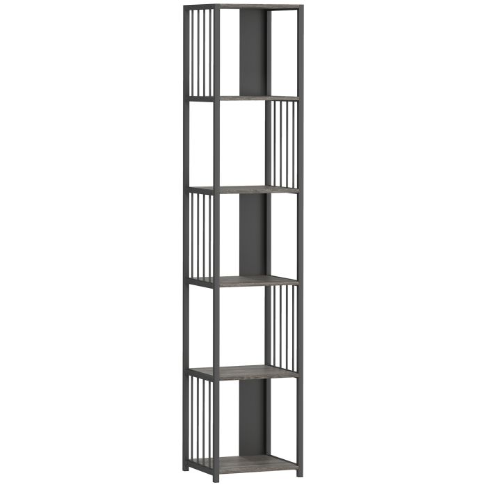IVREN 5 Tier Bookshelf Wooden with Steel Frame - Grey
