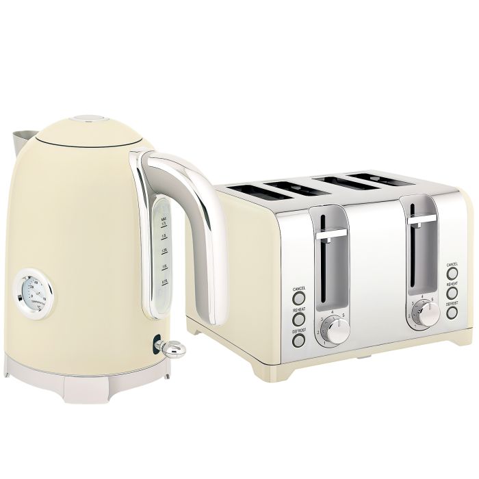 DEVRA Kettle and Toaster Set Stainless Steel Retro 3000W Style - Cream