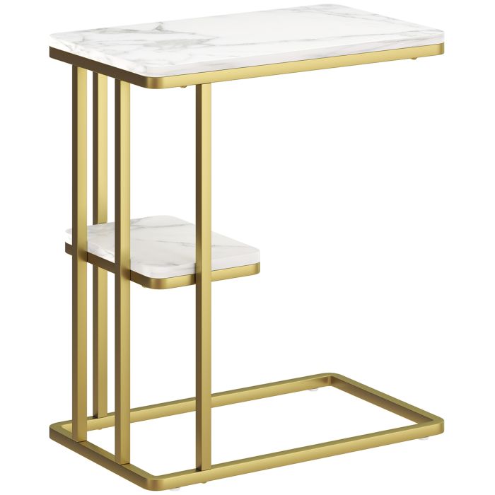 BRIMEVIA C-Shaped Narrow Side Table with Marble Grain - White and Gold