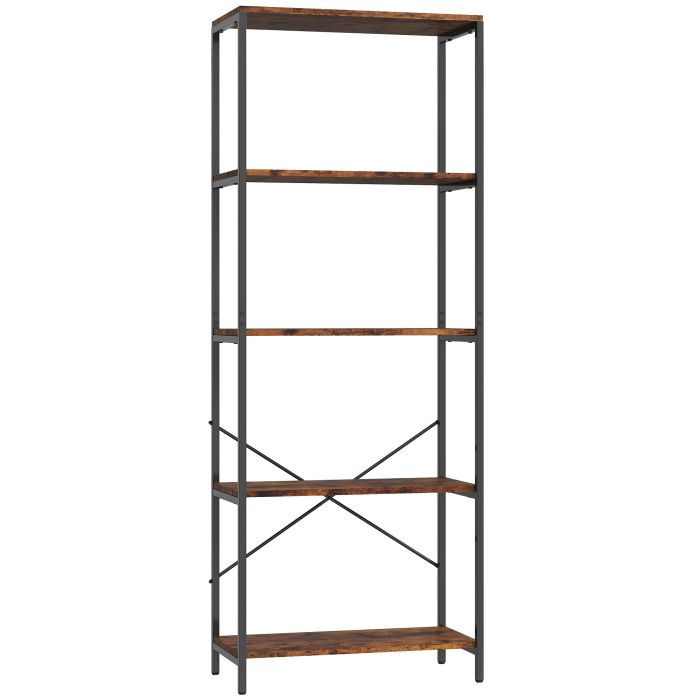 FEREDON 5-Tier Bookshelf, Industrial Bookcase with Metal Frame - Rustic Brown and Black